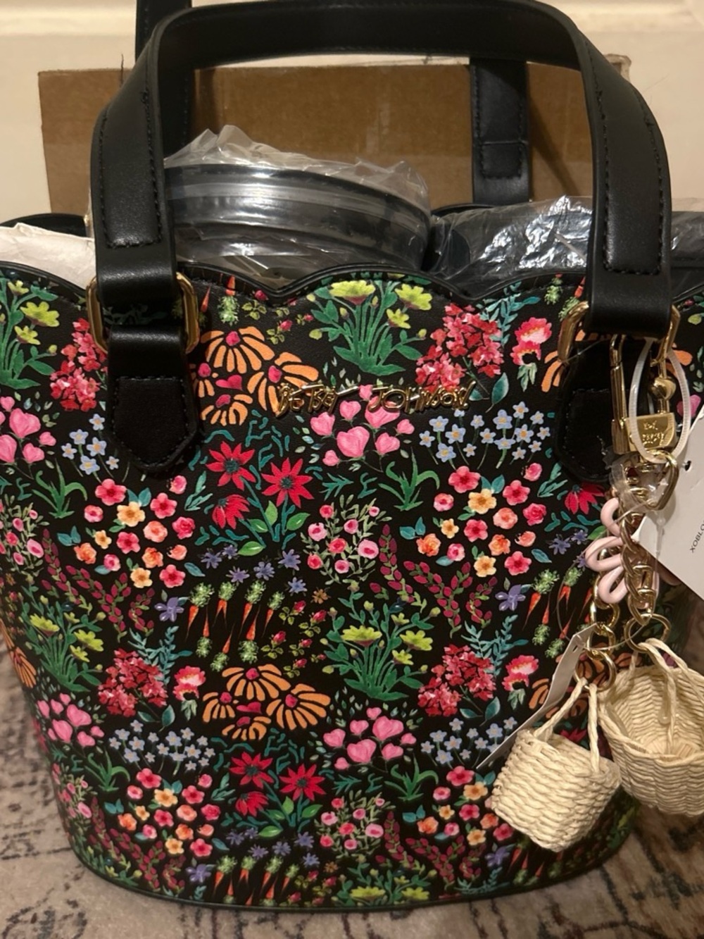 Betsey Johnson Black Floral Small Shoulder Bag with Multicolor Print